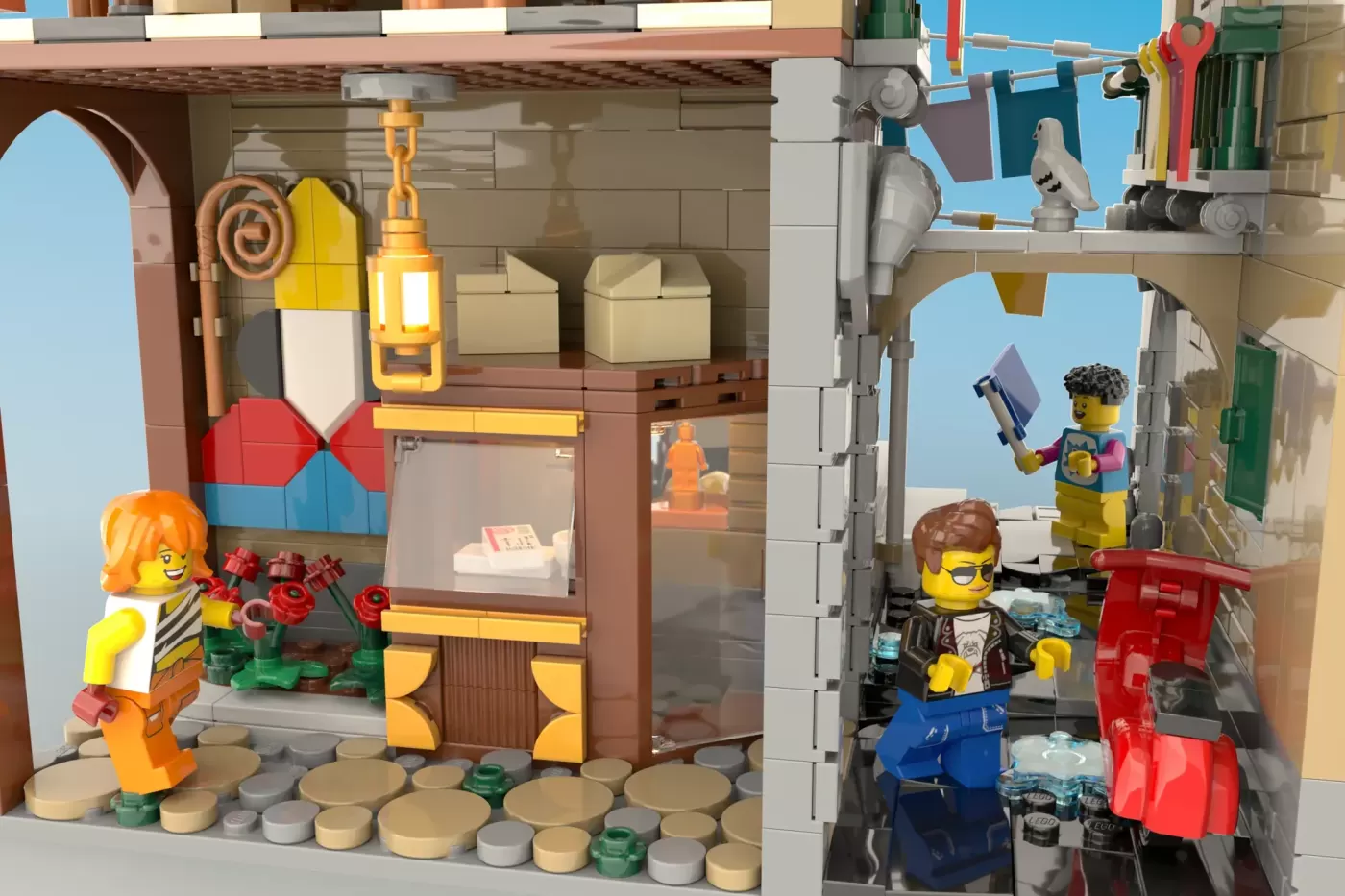 LEGO Naples street scene with flower shop and scooter, featuring minifigures in colorful storefronts.