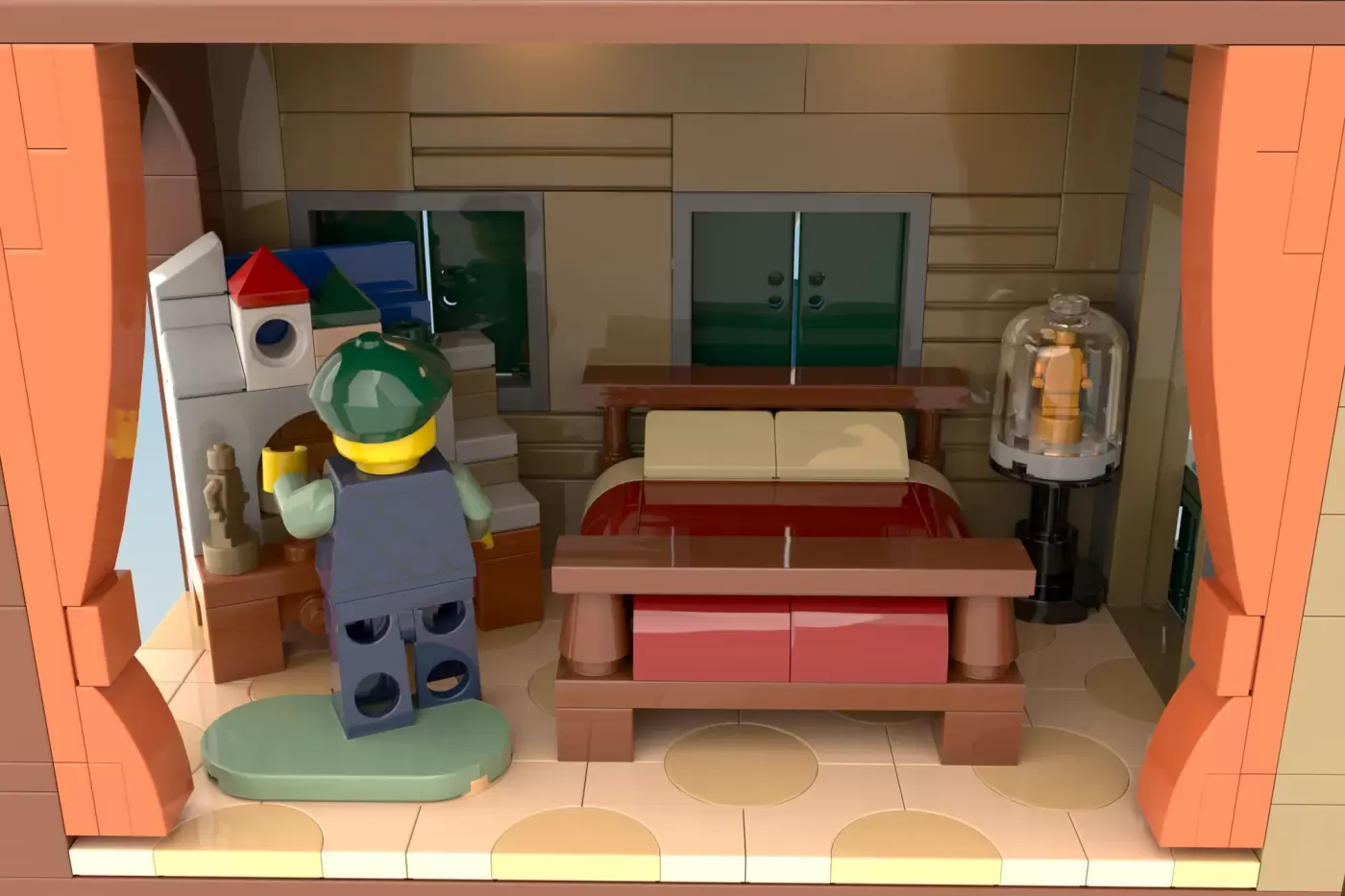 LEGO bedroom scene with minifigure, bed, furniture, and architectural details representing Quartieri Spagnoli.