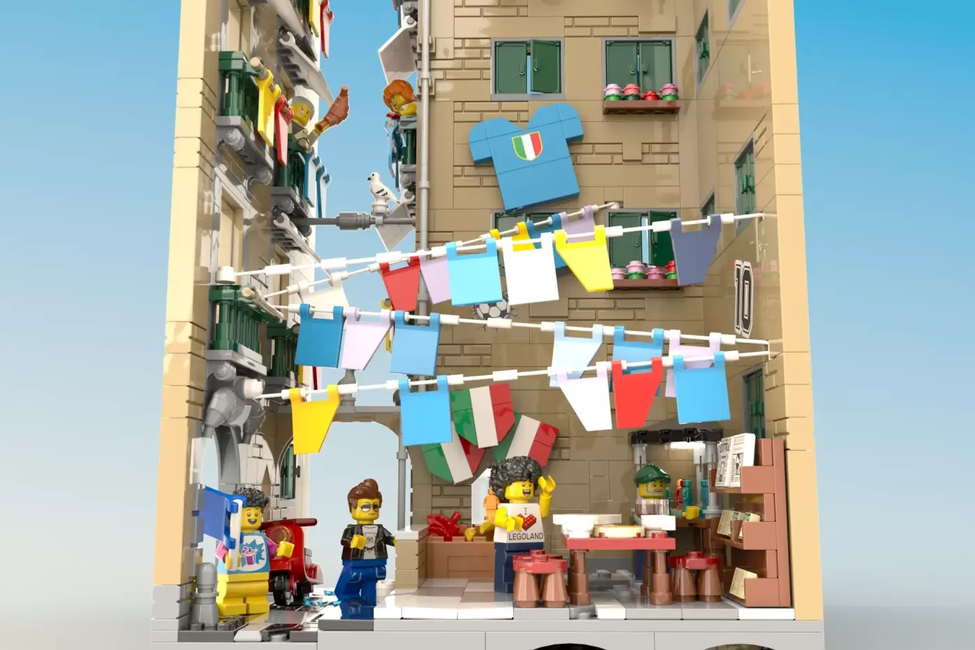 LEGO Quartieri Spagnoli scene with minifigures in Naples courtyard, clotheslines, Italian flags, and baroque architecture.