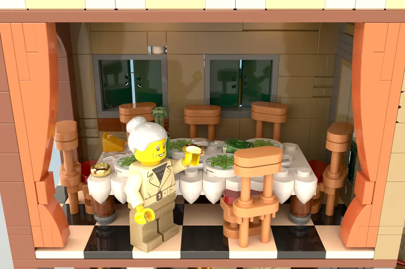 LEGO dining room scene with chef minifigure, wooden furniture, place settings, and windows overlooking green scenery.