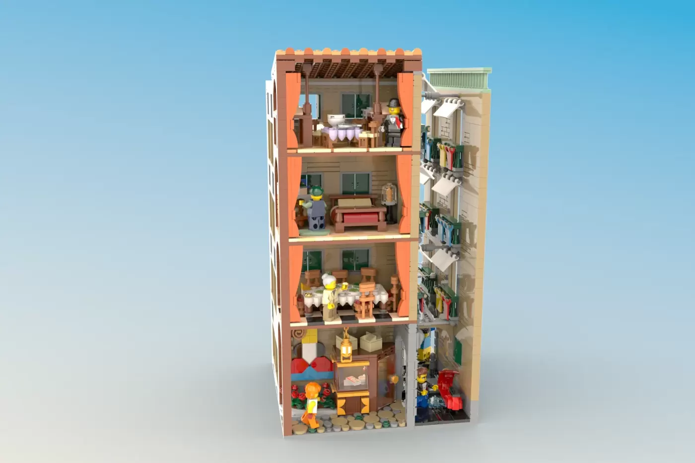LEGO model of a multi-story Neapolitan building with detailed apartments, minifigures, and colorful baroque architectural …