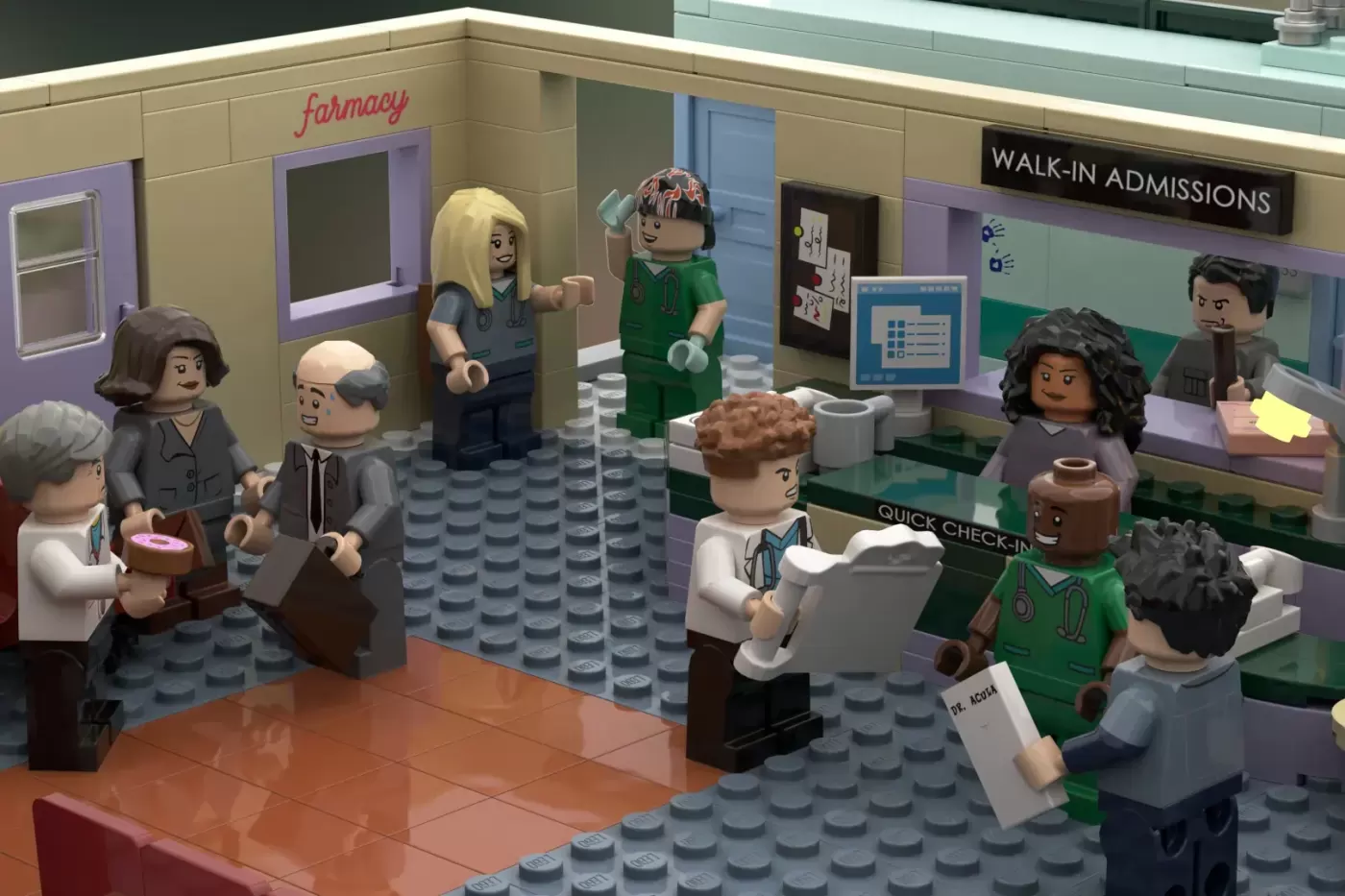 LEGO Sacred Heart Hospital lobby with minifigure doctors and patients at pharmacy, admissions, and check-in desks.