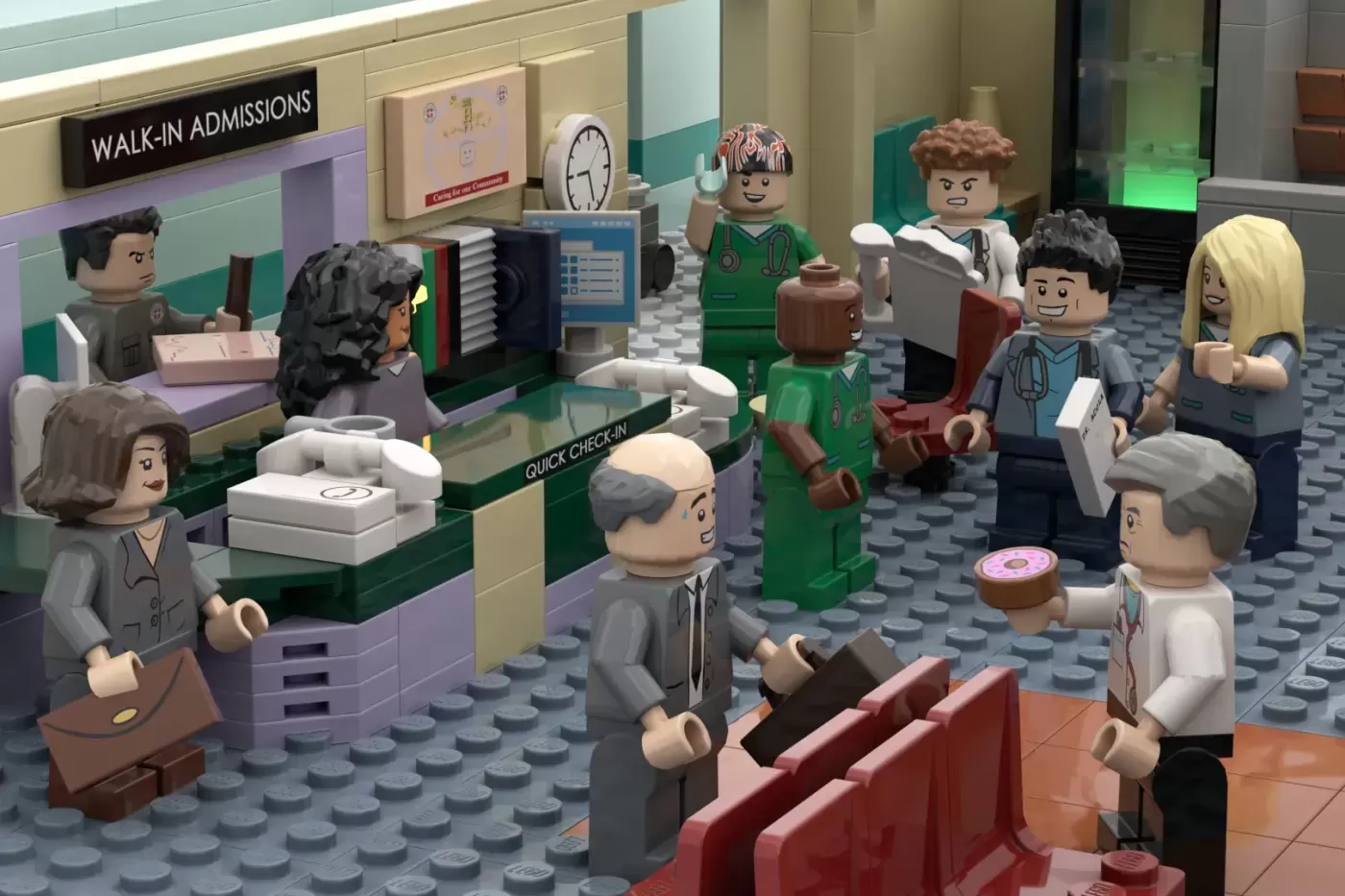 LEGO Sacred Heart Hospital lobby with minifigures at reception desk, quick check-in counter, and waiting area.