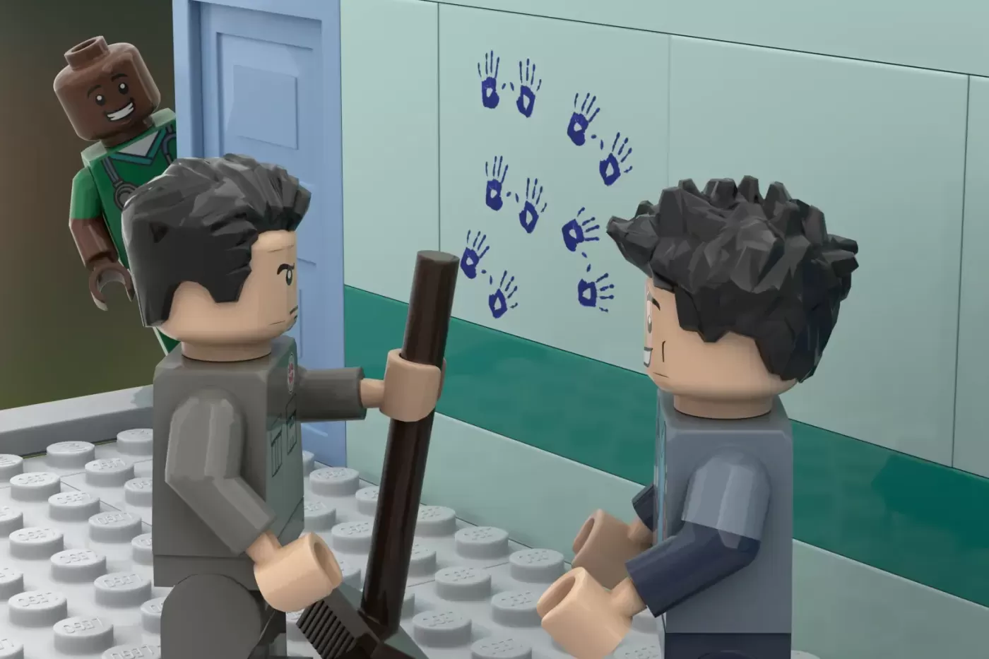 LEGO minifigures in a hospital room with handprints on wall, one holding a baseball bat.