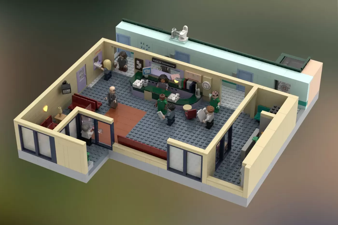 LEGO Sacred Heart Hospital interior with minifigures at reception desk and waiting area.