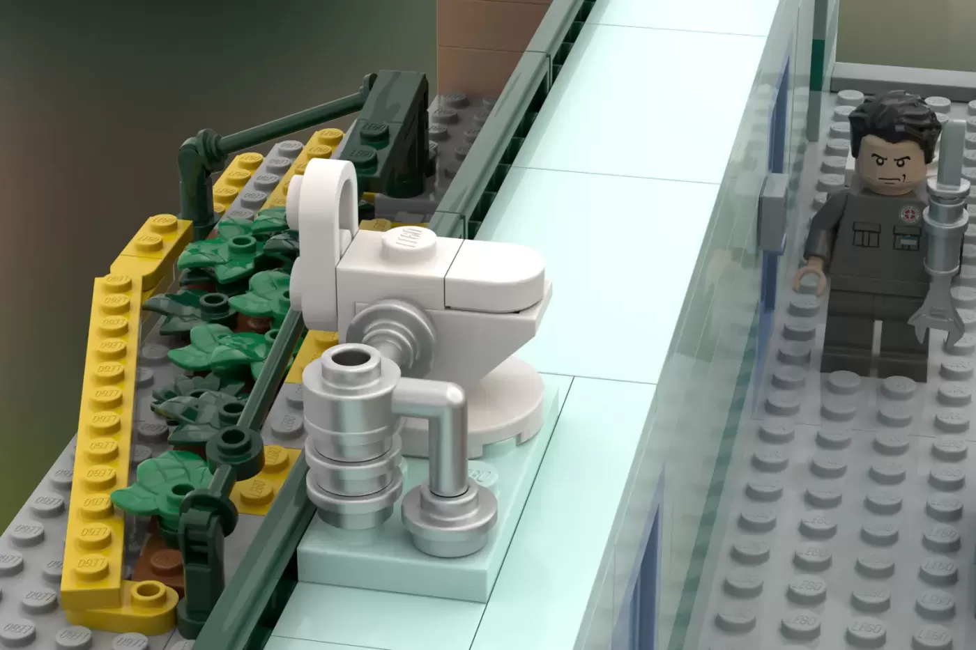 LEGO bathroom scene with toilet, sink, and minifigure in medical scrubs on tiled floor.