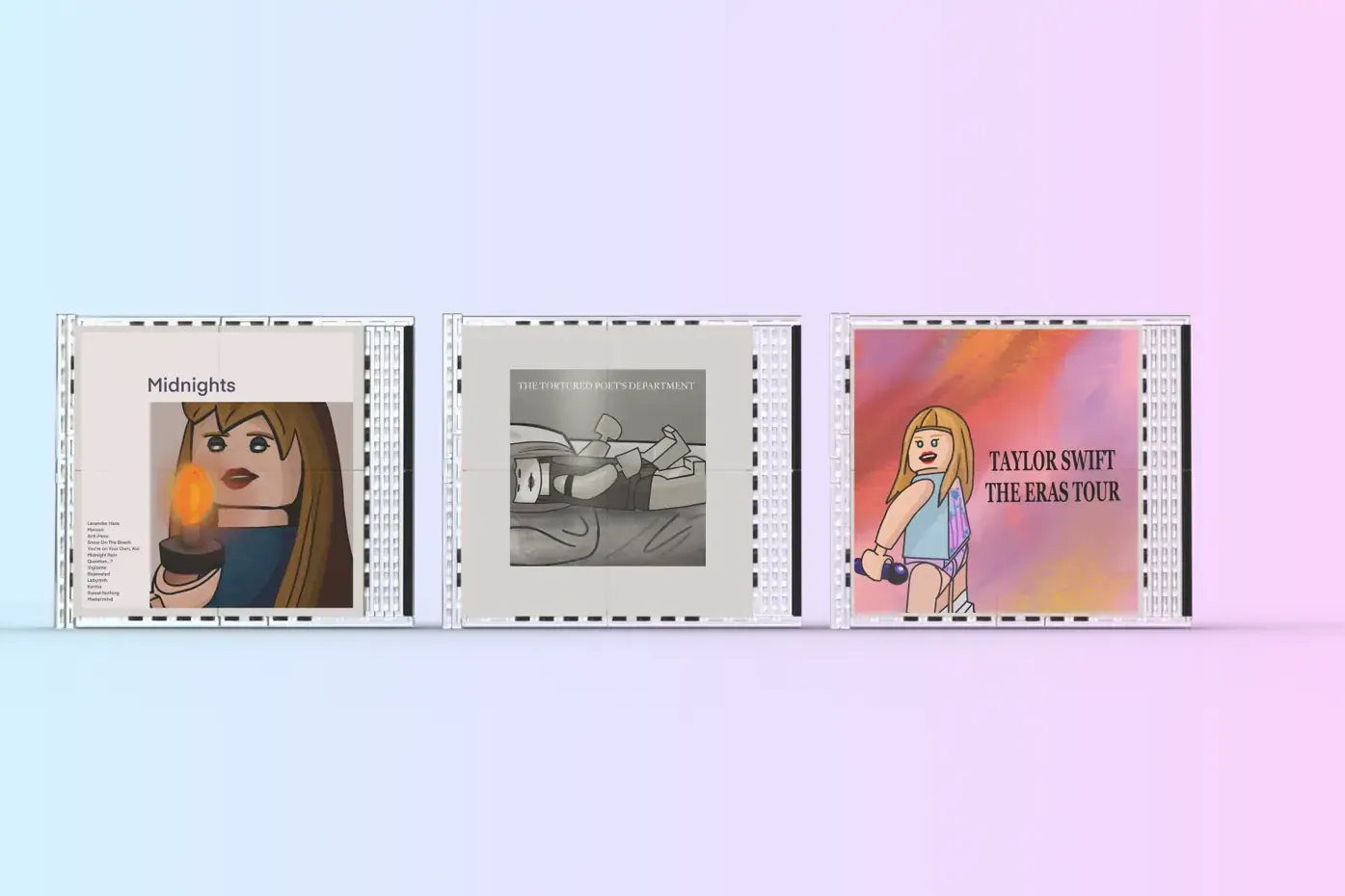 Three LEGO CD cases displaying Taylor Swift album artwork with minifigure designs against a gradient background.