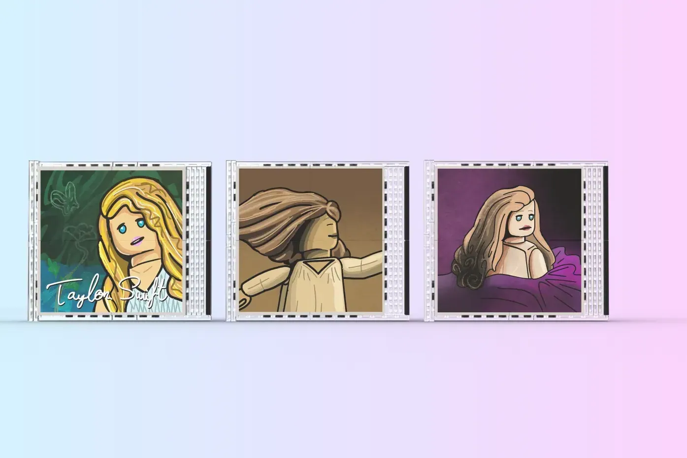 Three LEGO CD cases displaying illustrated Taylor Swift minifigures from different eras against a gradient background.