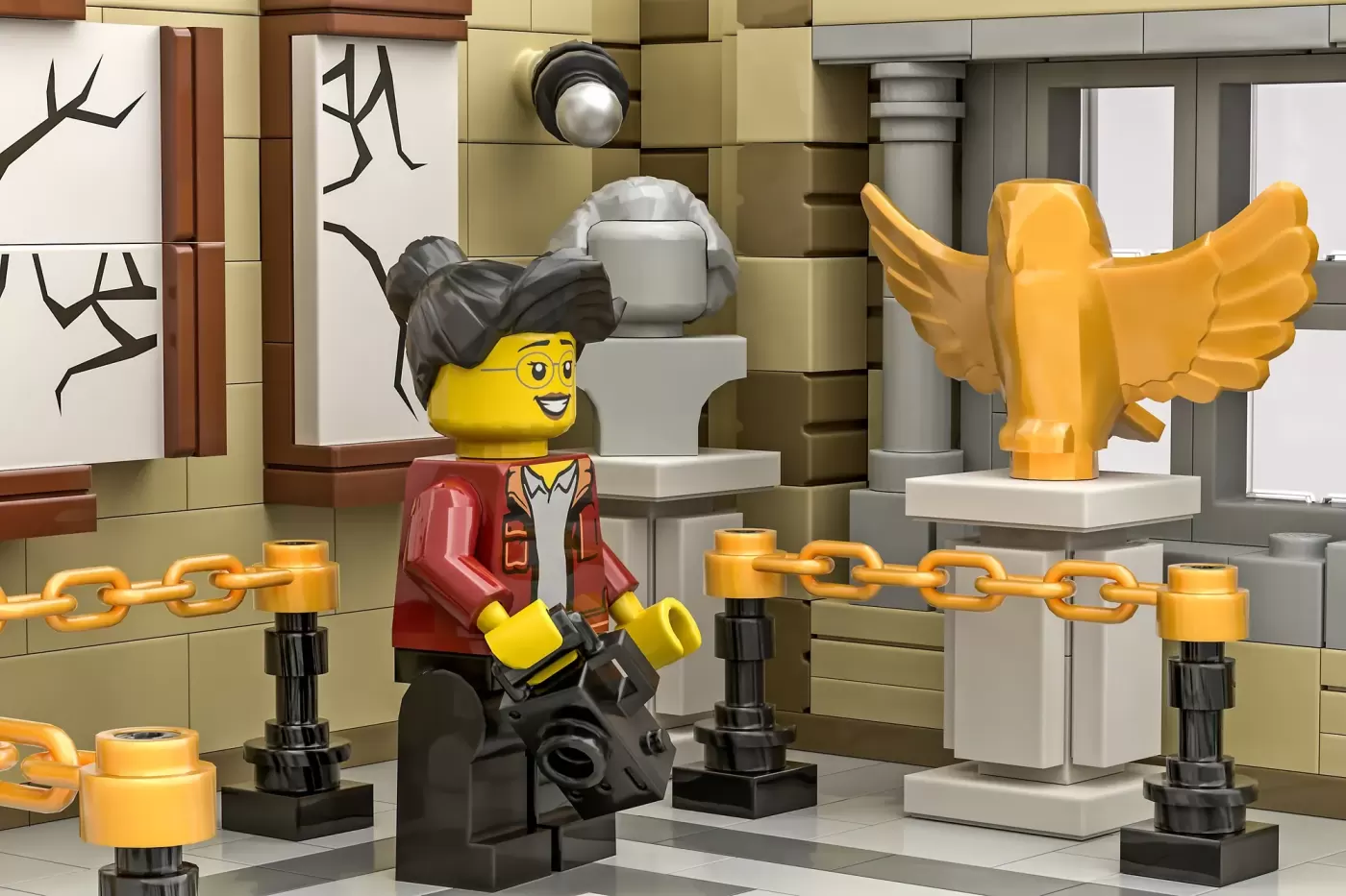 LEGO minifigure in red jacket admiring golden eagle sculpture in modern art gallery with tan walls and orange chains.