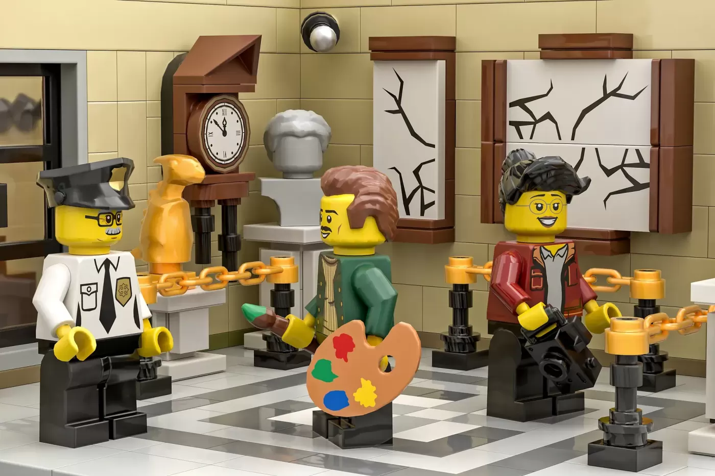 LEGO minifigures in an art gallery with a clock, paintings, palette, and golden chain barriers.