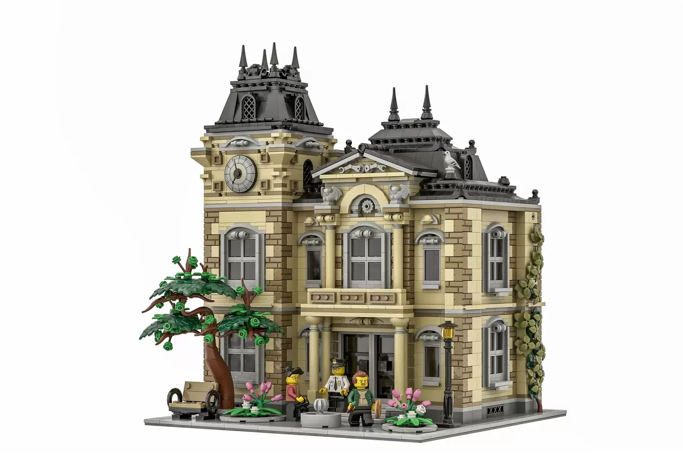 LEGO Clocktower Art Gallery modular building with ornate spires, clock face, minifigures, ivy, and flowering plants.