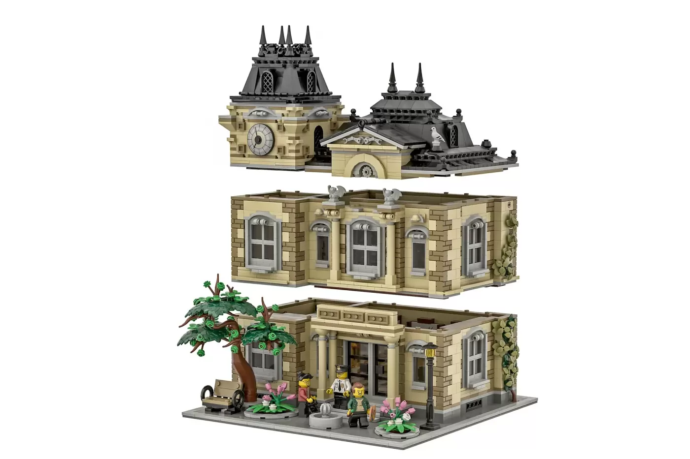 LEGO modular clocktower art gallery with ornate spires, ground-floor storefront, minifigures, and decorative landscaping.