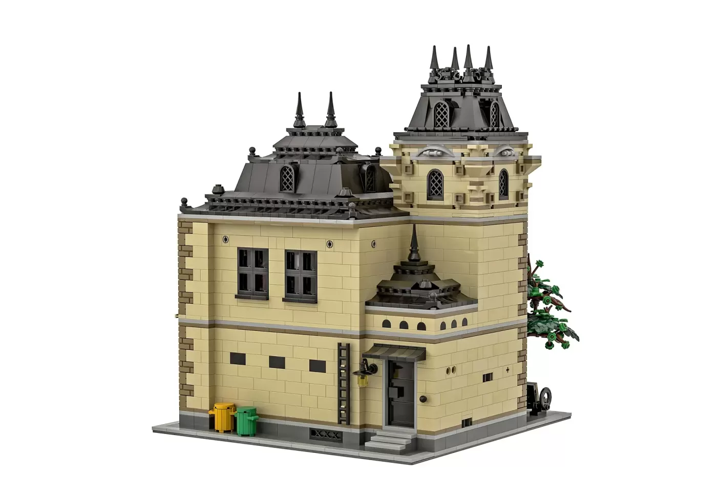LEGO clocktower art gallery with cream facade, dual spires, arched windows, and decorative turrets on roof.