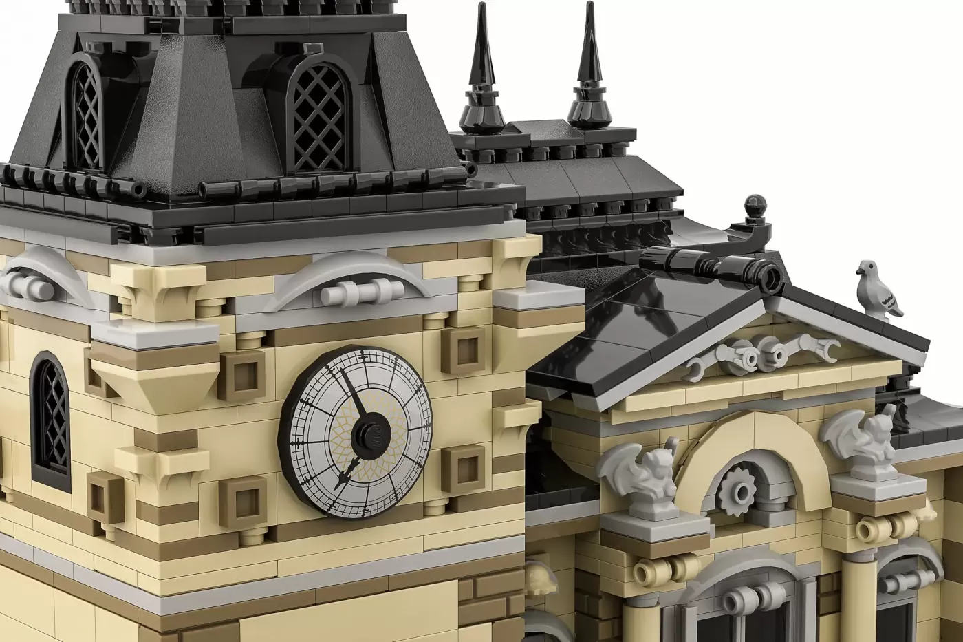 LEGO clocktower building with cream and black facade, detailed clock face, spires, and ornamental architecture.