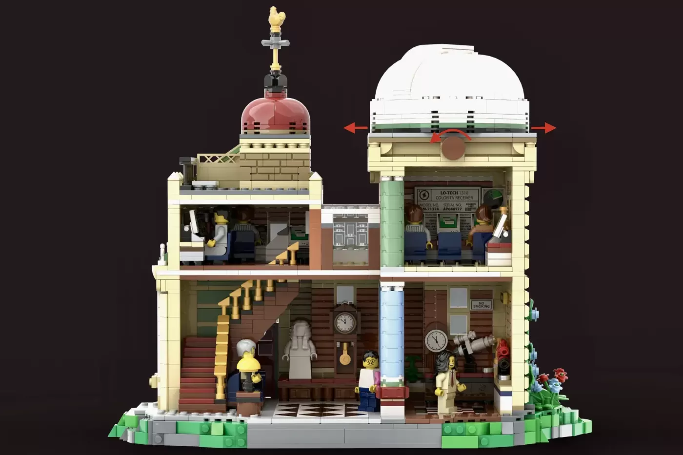 LEGO Victorian observatory building with rotating dome, minifigures, detailed interior rooms, and red brick base on green …