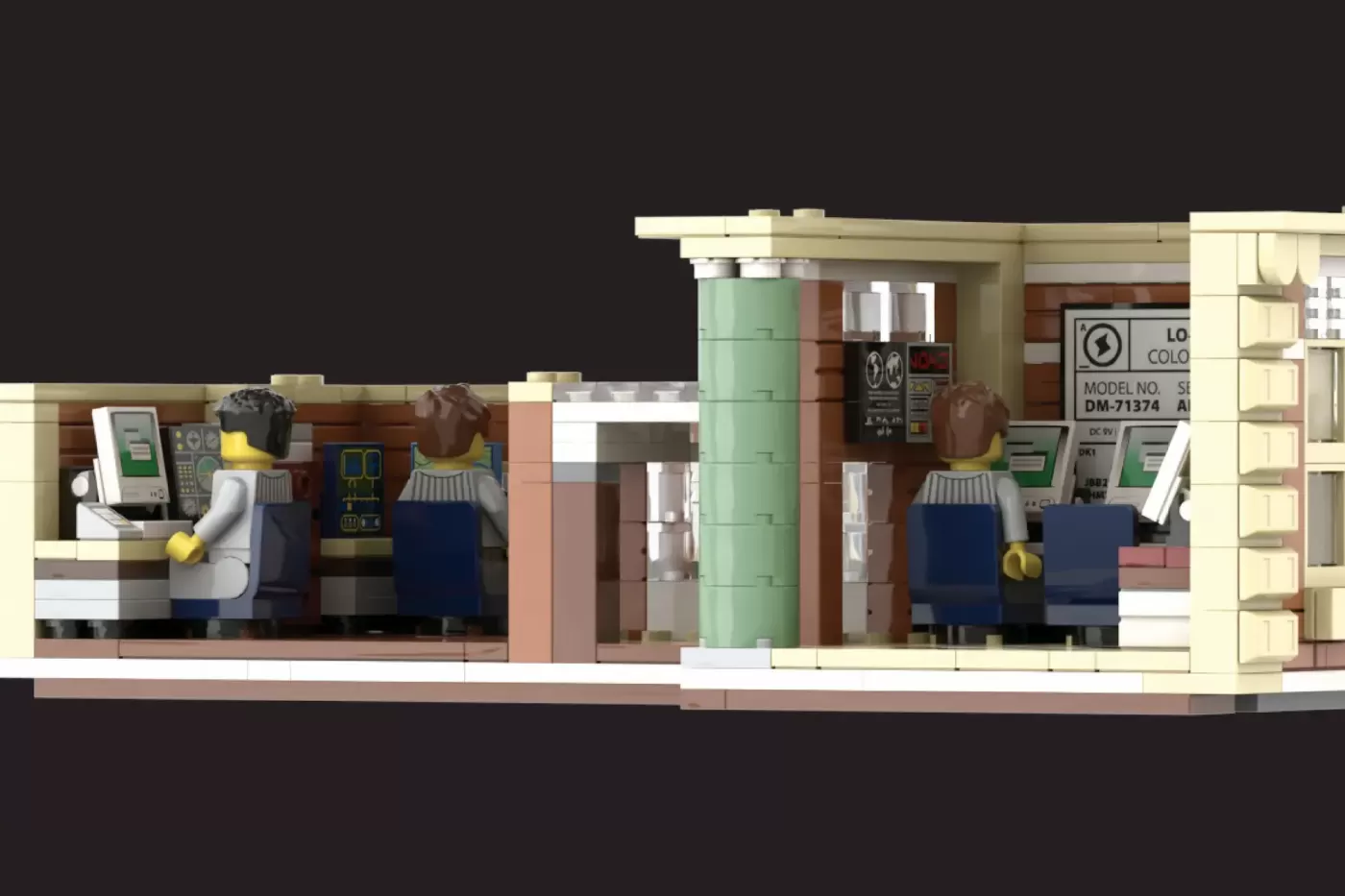 LEGO Observatory cross-section showing interior with minifigures, control panels, green rotating column, and architectural…