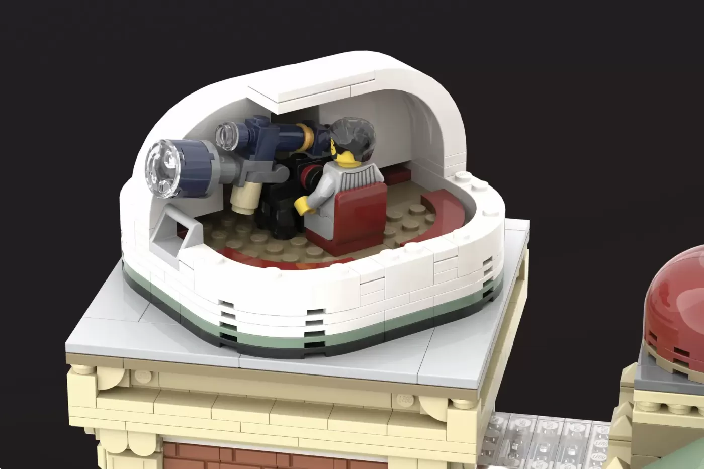 LEGO Observatory with rotating dome, telescope, and minifigure on Victorian tower base.