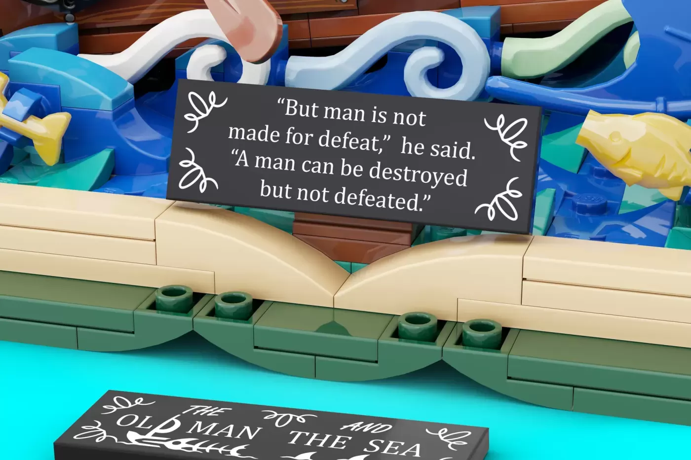 LEGO Ideas The Old Man and the Sea set featuring decorative plaques with inspirational quotes displayed on a boat structure.