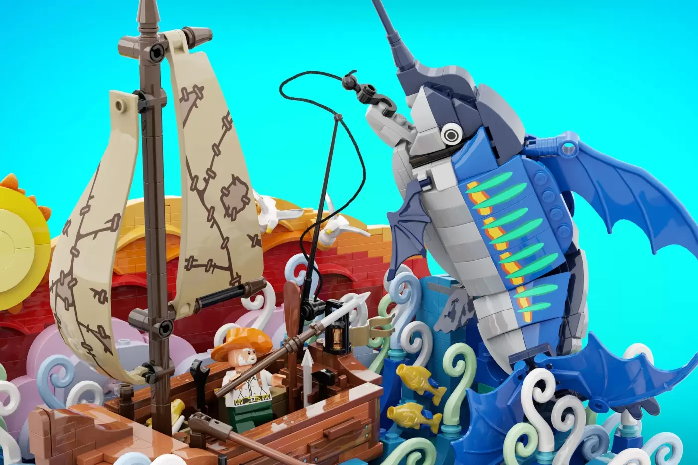 LEGO The Old Man and the Sea set featuring a fishing boat with sail, an old man minifigure, and a large blue marlin.
