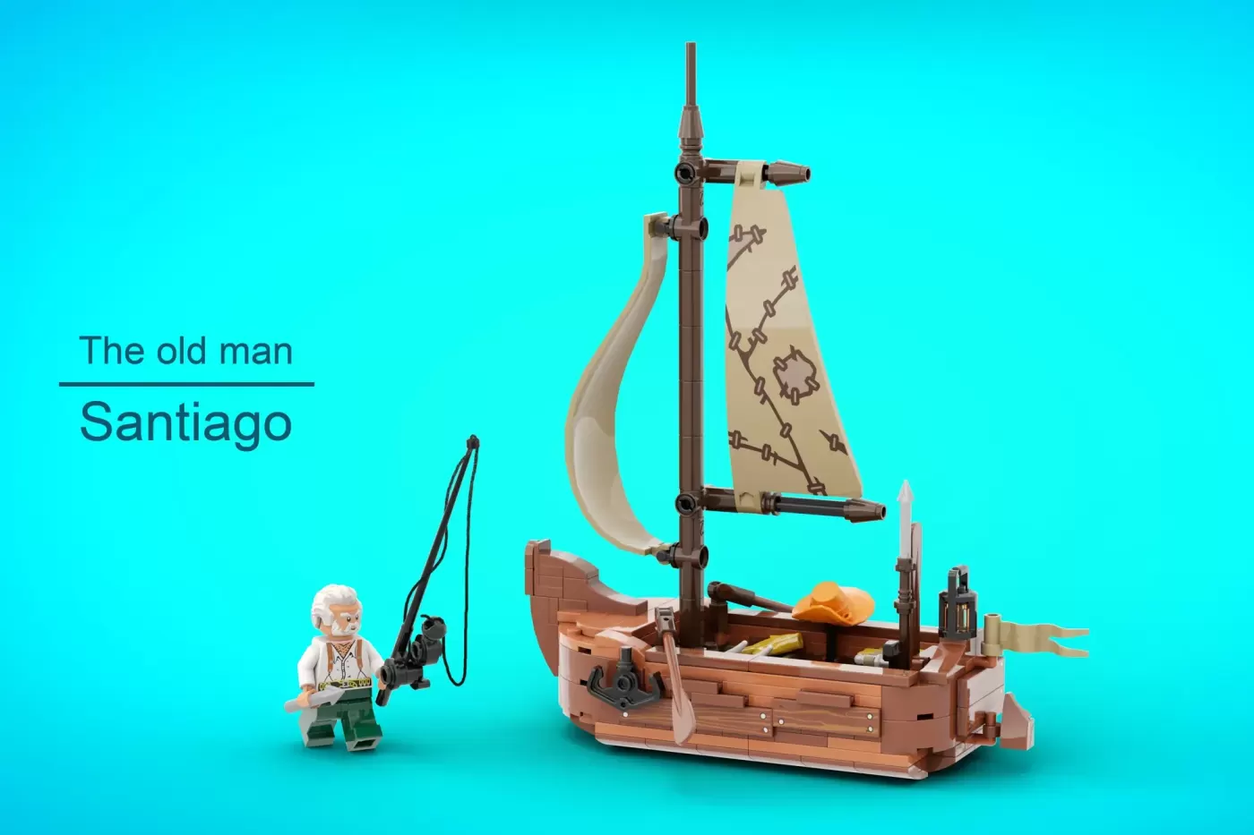 LEGO minifigure of elderly Santiago with fishing rod beside his wooden sailboat with tan sail and brown hull.