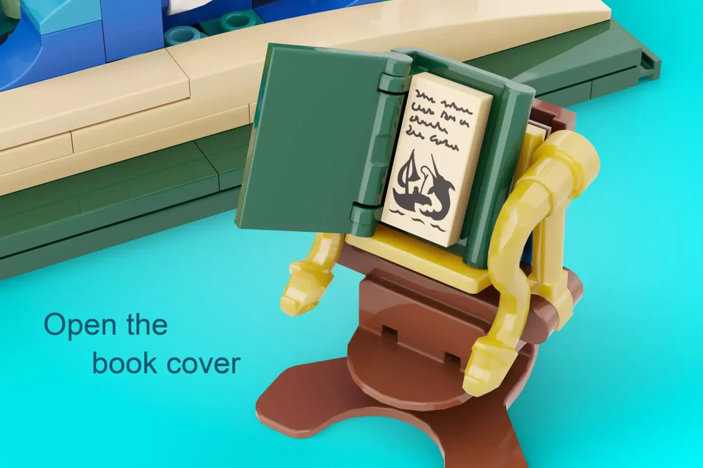 LEGO Ideas The Old Man and the Sea set featuring an open green book cover with yellow clamps and brown base.