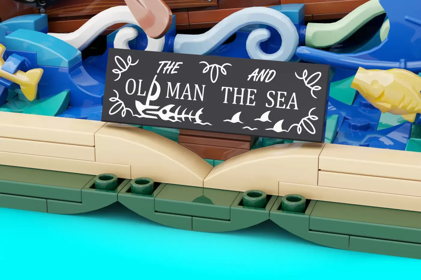 LEGO Ideas The Old Man and the Sea set detail showing a boat hull with a dark sign reading "The Old Man and the Sea" decor…