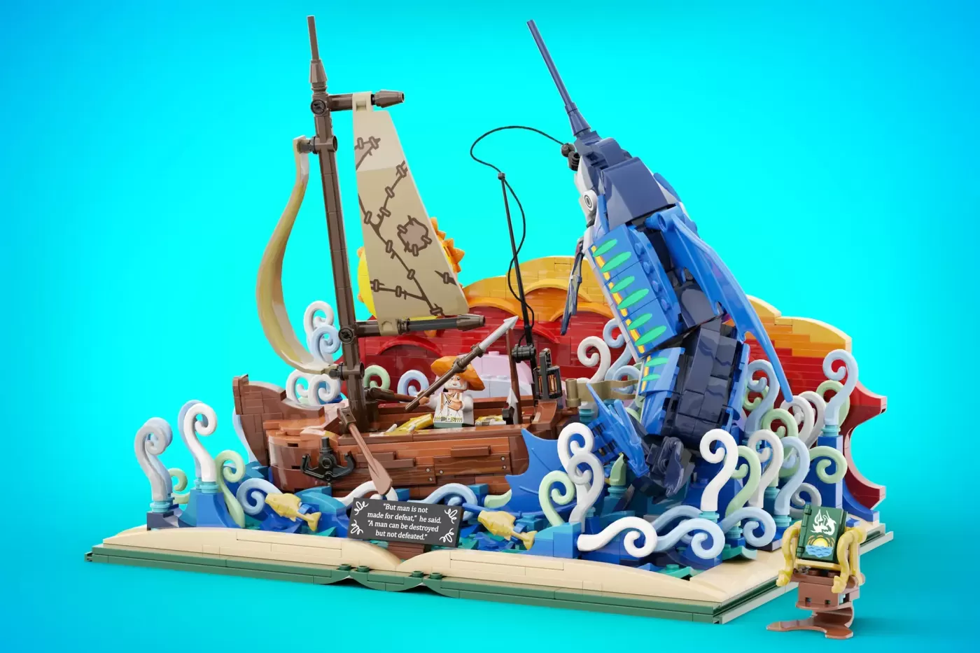 LEGO Ideas The Old Man and the Sea set featuring a wooden boat with sail, blue wave base, and minifigures.