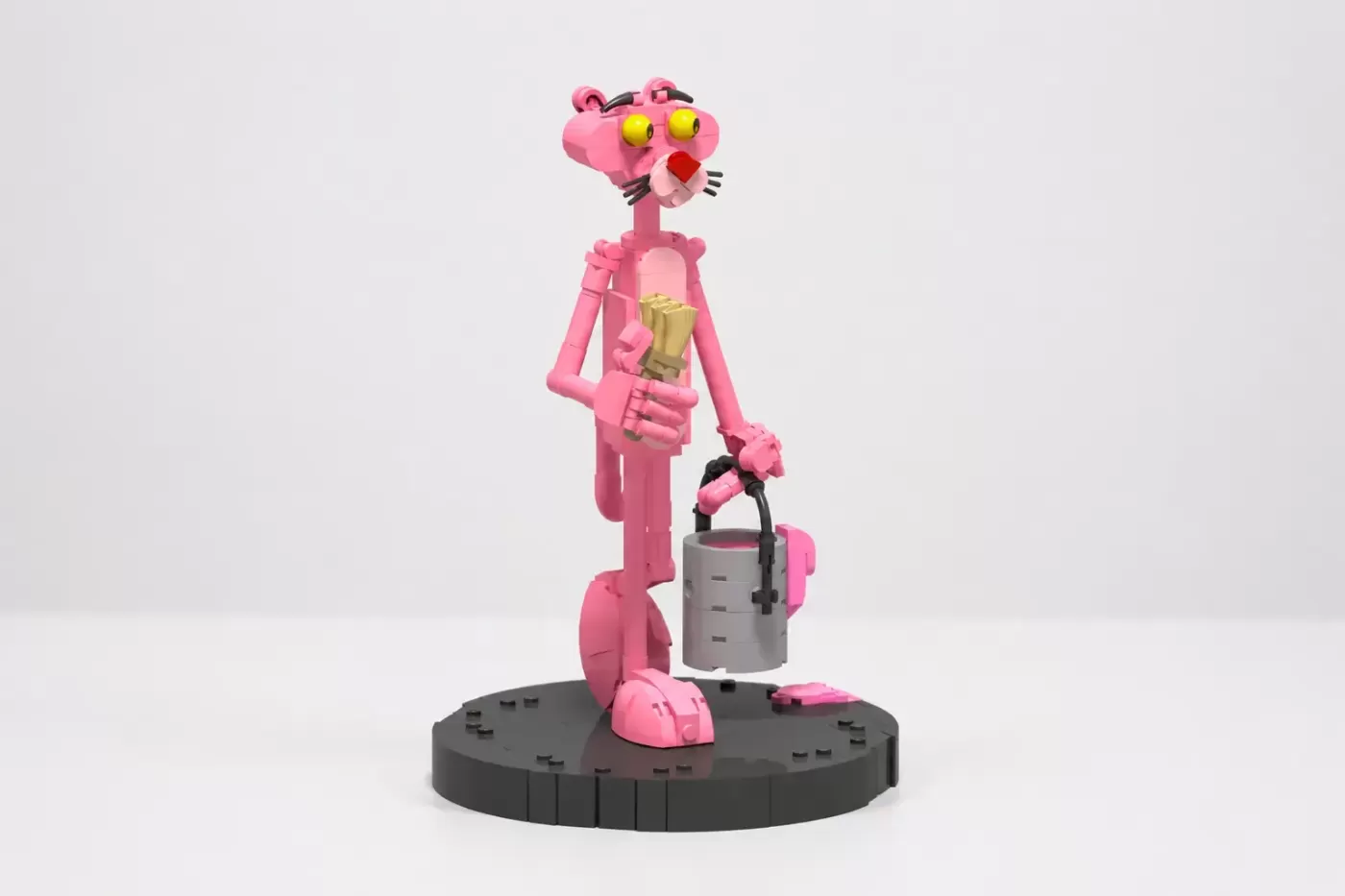 Pink Panther LEGO figure holding a paintbrush on a dark circular base with paint bucket accessory.