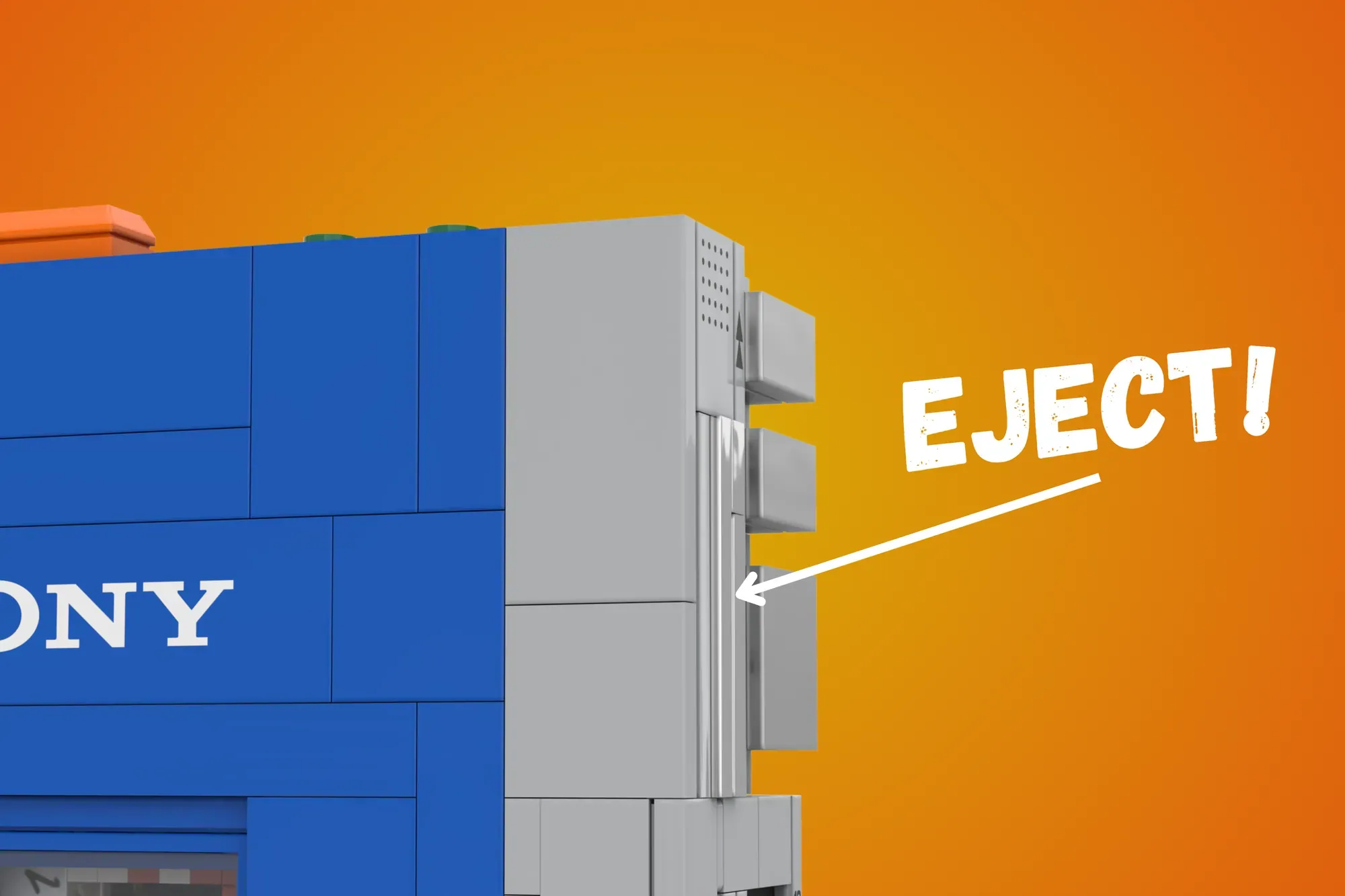 LEGO Sony Walkman model with blue and gray bricks against orange gradient background, "EJECT!" text overlay.