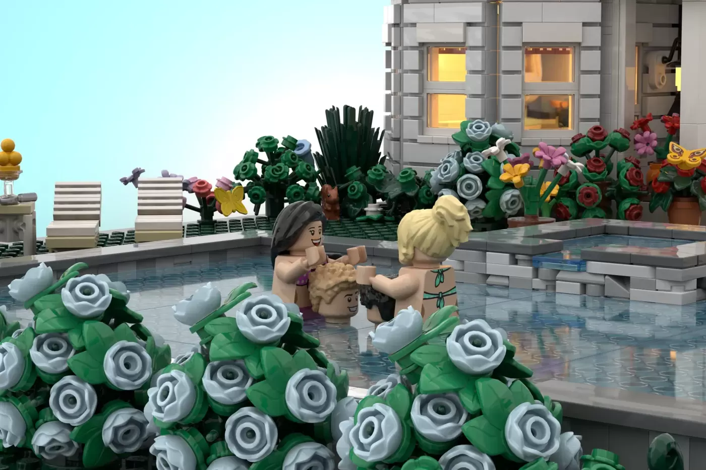 LEGO recreation of a poolside scene with minifigures in water, surrounded by white and colorful roses, lounge chairs, and …