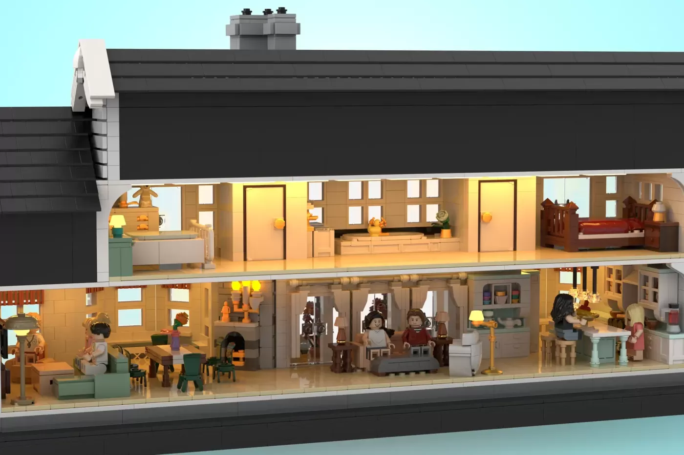 LEGO dollhouse cross-section with two floors, minifigures, furniture, and detailed interior rooms including kitchen, bedro…