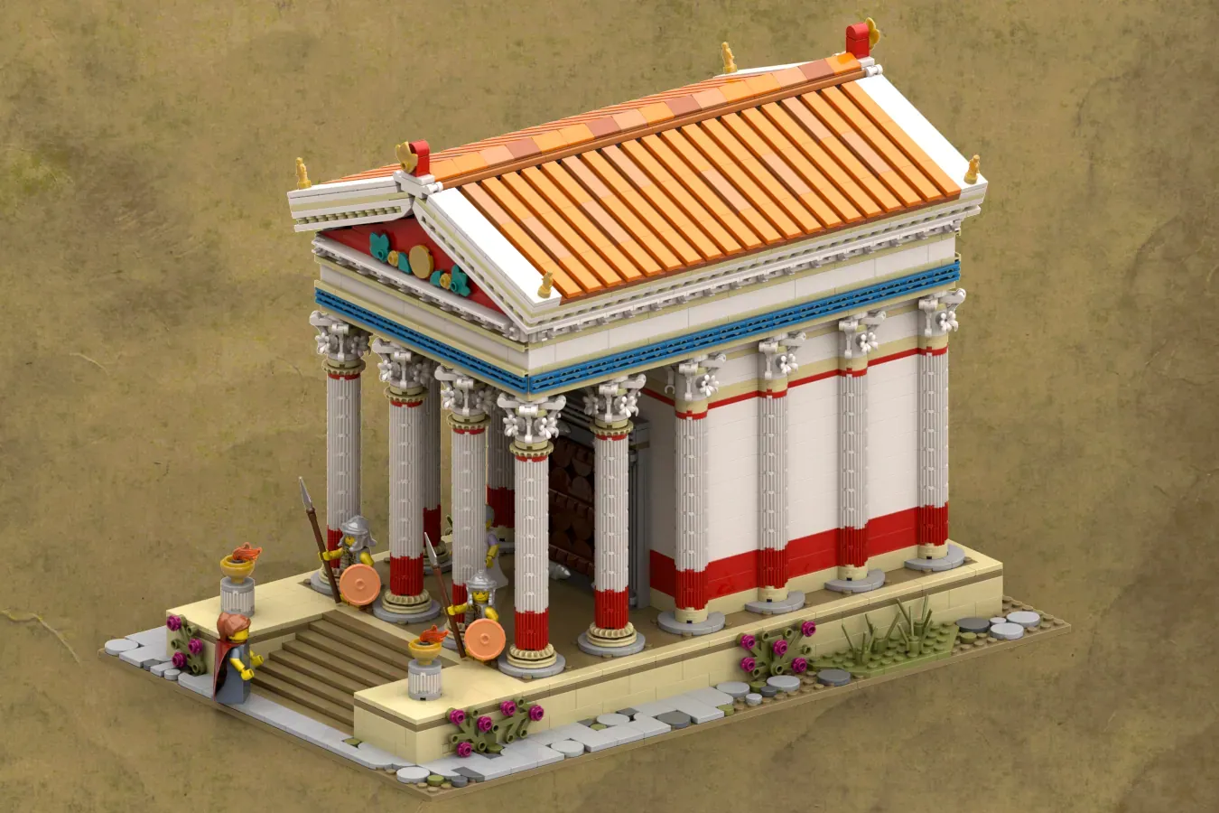 LEGO Roman temple model with red and white columns, golden tiled roof, minifigures, and decorative landscaping.