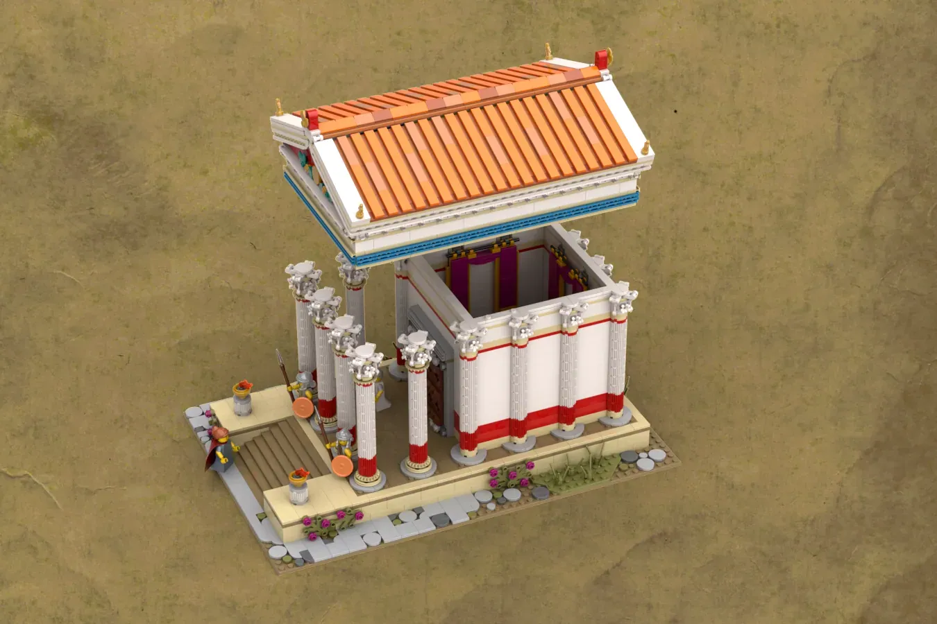 LEGO Roman temple with red and white columns, orange tiled roof, decorative base with flowers and minifigures.