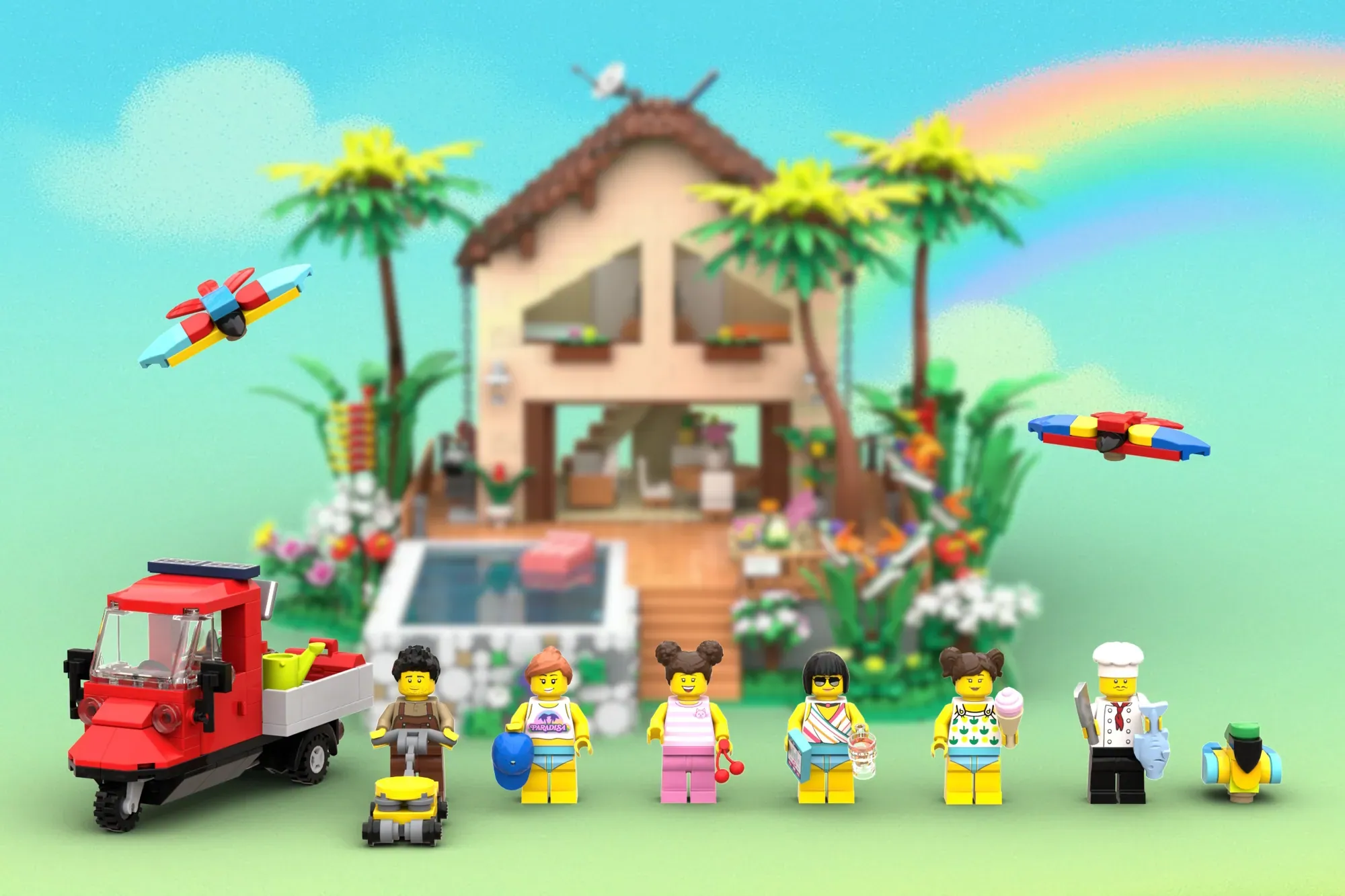 LEGO Caribbean Holiday set with tropical house, pool, solar food truck, minifigures, and flying planes against rainbow sky.
