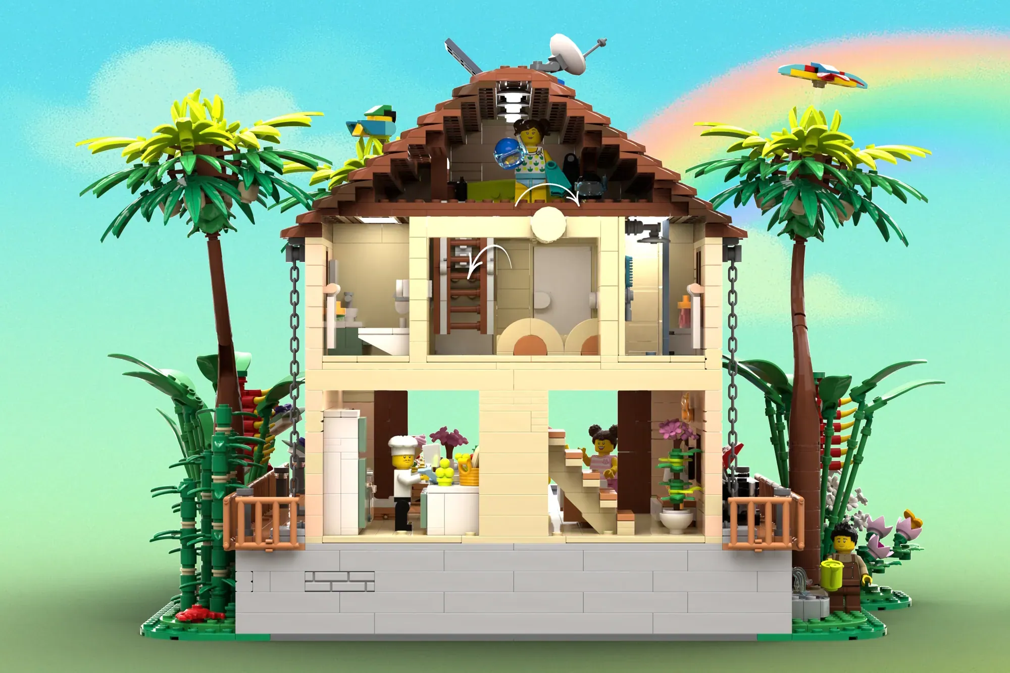 LEGO Caribbean Holiday house with pool, solar van, palm trees, and minifigures in tropical setting.