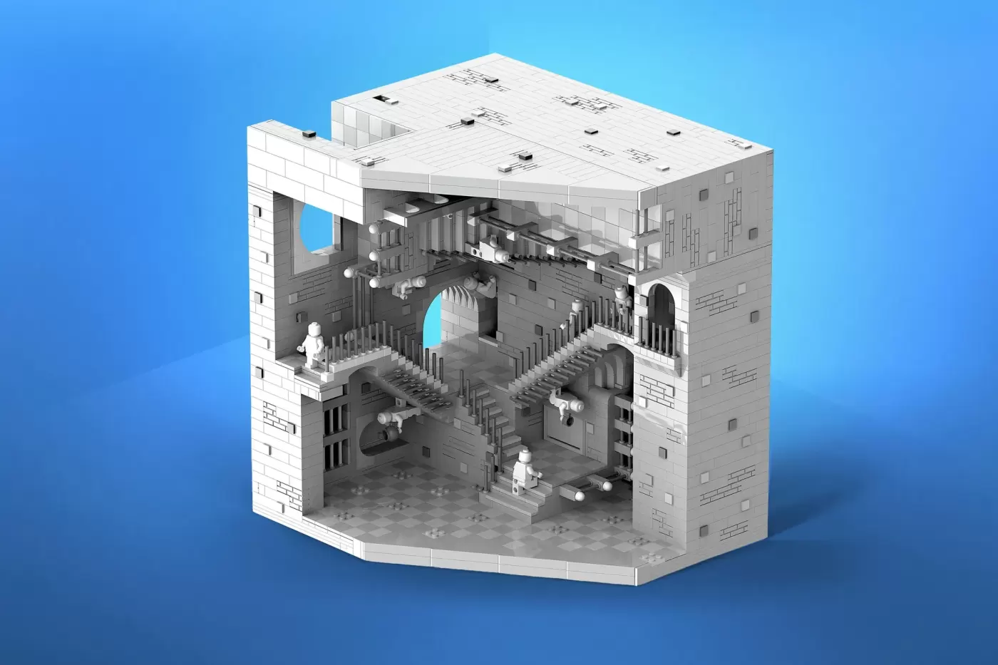 LEGO architectural model featuring impossible Escher staircase with minifigures, intricate interior details, and brick con…