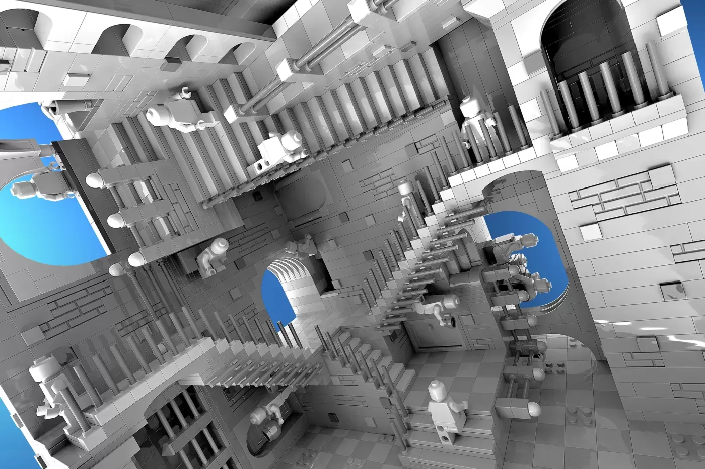 Intricate LEGO build featuring impossible Escher-style staircases with minifigures navigating multiple architectural levels.
