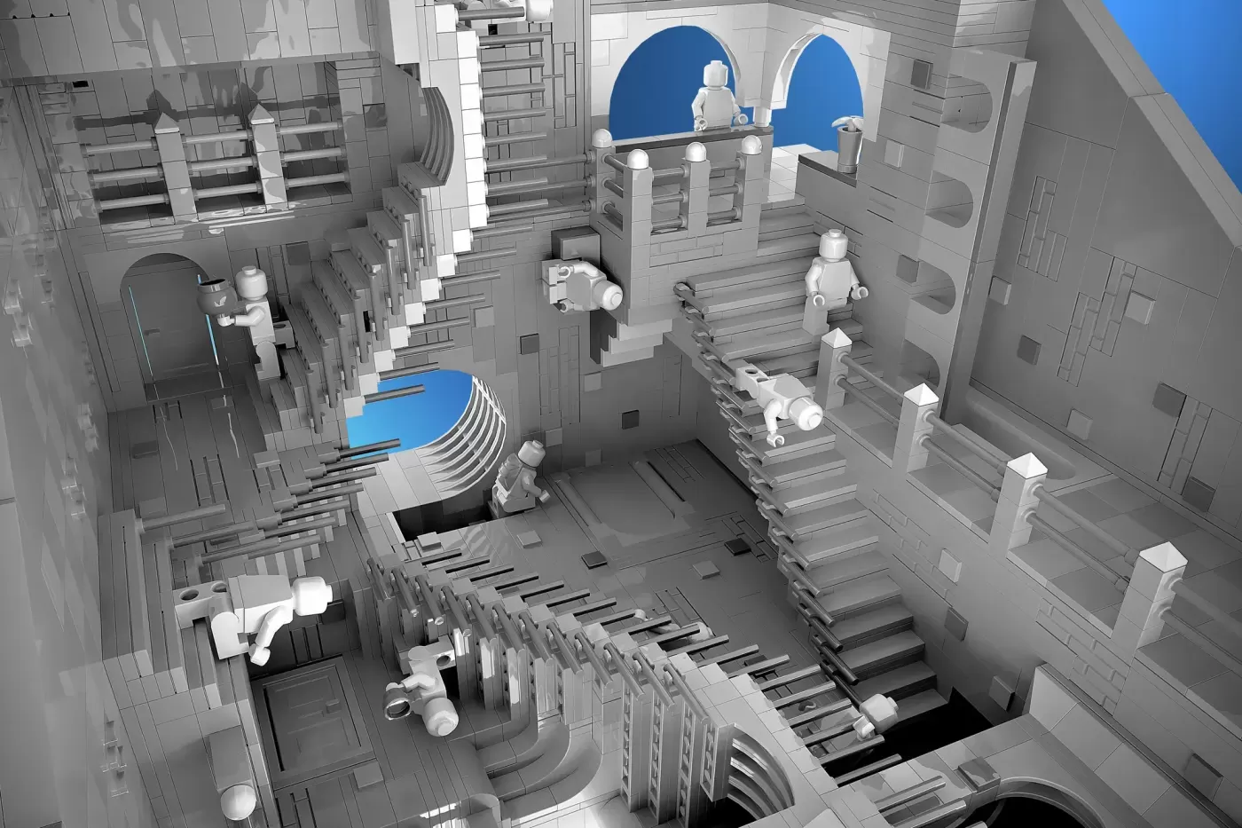 LEGO minifigures navigate an impossible Escher-inspired staircase with ascending/descending paths and blue architectural e…