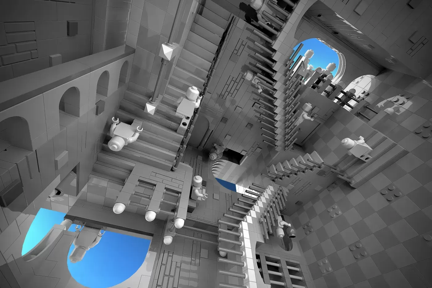 Overhead view of intricate LEGO architecture featuring impossible staircases, minifigures, and blue sky openings in Escher…