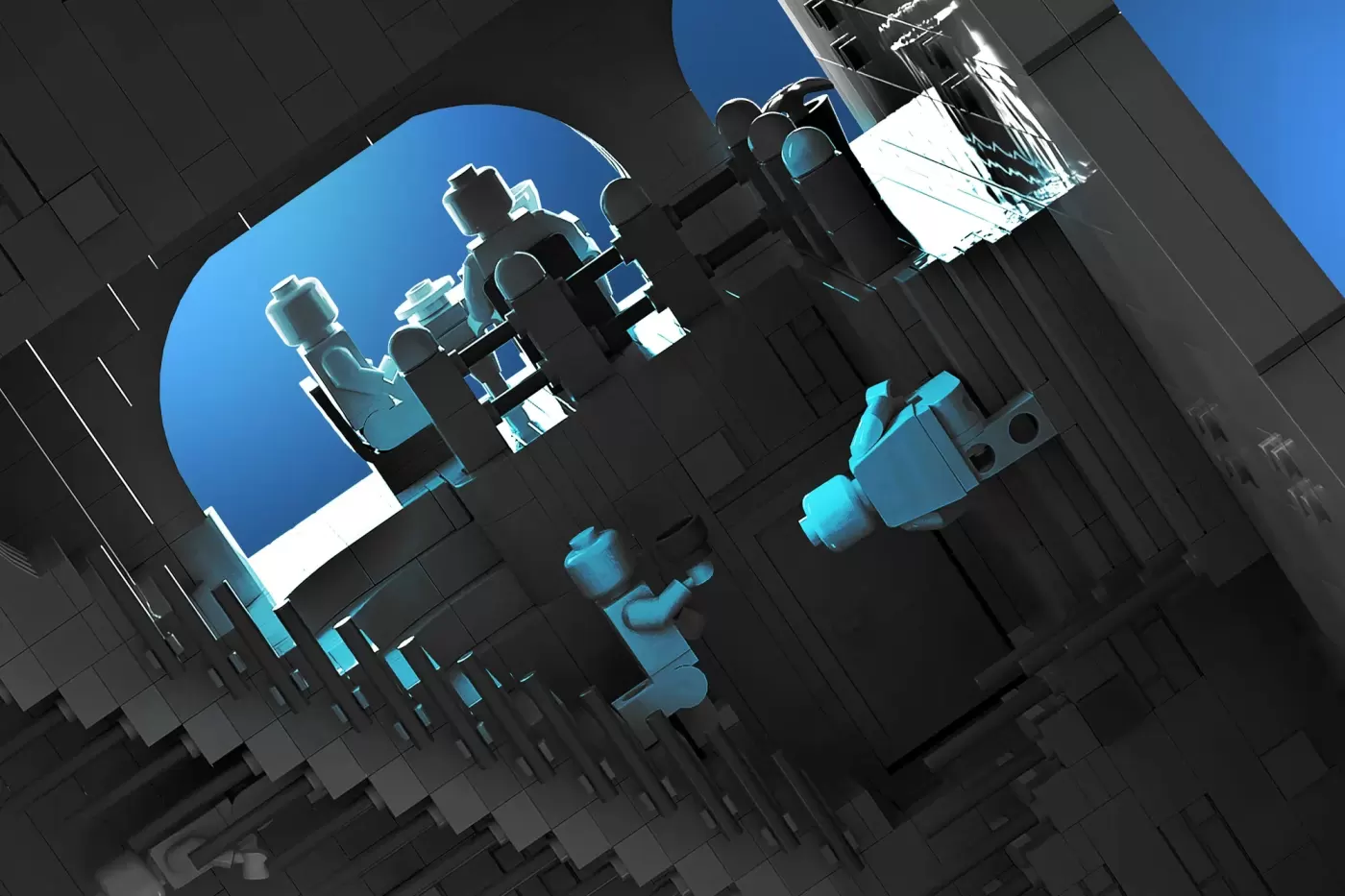 LEGO minifigures on an Escher-inspired staircase with impossible architecture and blue sky openings.