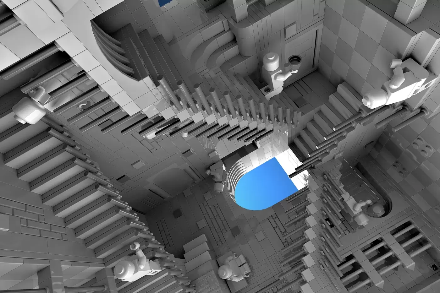 Overhead view of intricate LEGO staircase structure with blue sky opening, featuring detailed architectural elements and g…