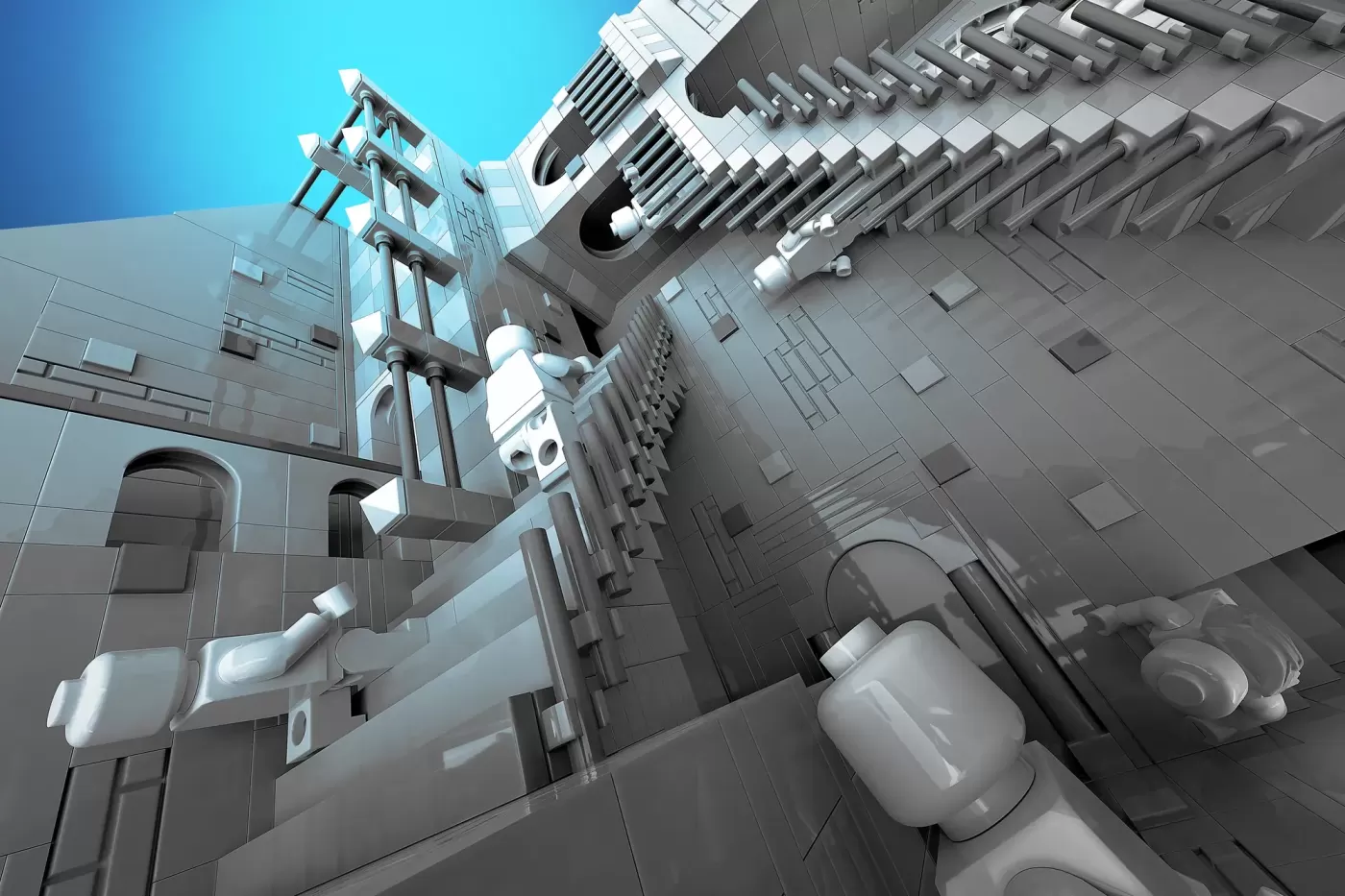 3D render of elaborate LEGO architecture featuring impossible staircases, white pipes, and gray building facades against b…