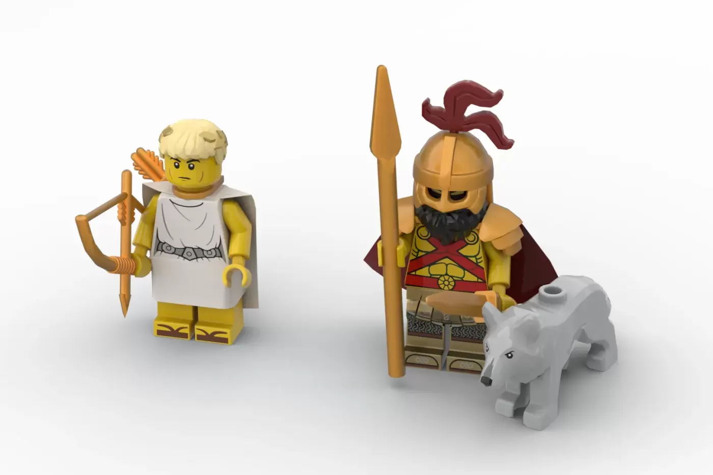 Two LEGO minifigures: a Greek archer and a warrior with spear beside a white LEGO elephant figure.