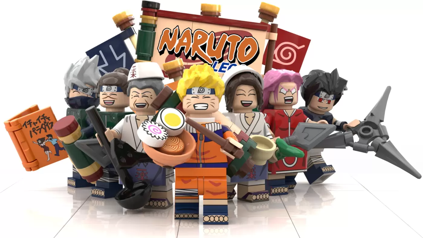 LEGO Naruto minifigures gathered in front of a Naruto Shippuden sign with ramen shop elements and accessories.