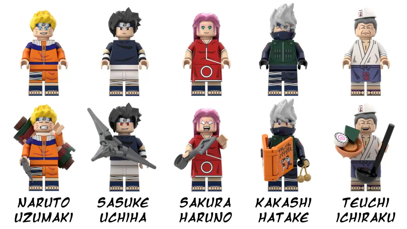 LEGO minifigures of Naruto characters displayed in two rows, showing standard and equipped versions with accessories.