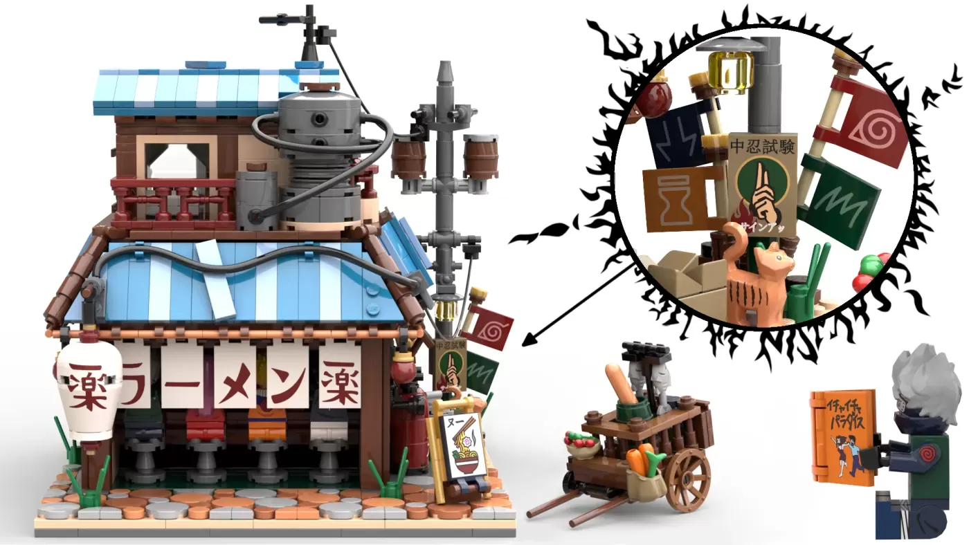 LEGO Naruto Ichiraku Ramen Shop with minifigure, ramen cart, and detailed building exterior featuring Japanese signage.
