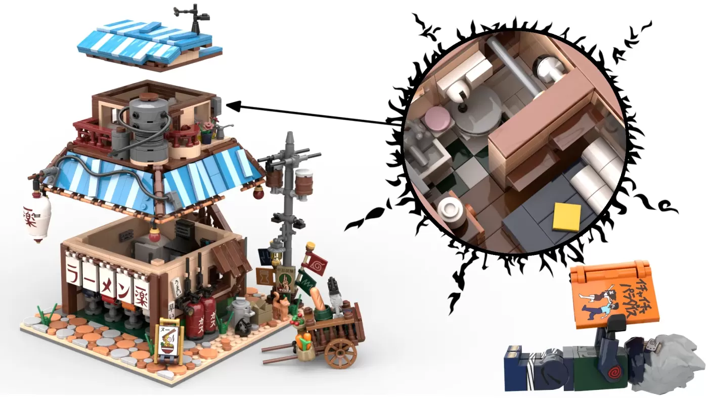 LEGO Naruto Ichiraku Ramen Shop set with detailed interior overhead view and display stand with character accessories.