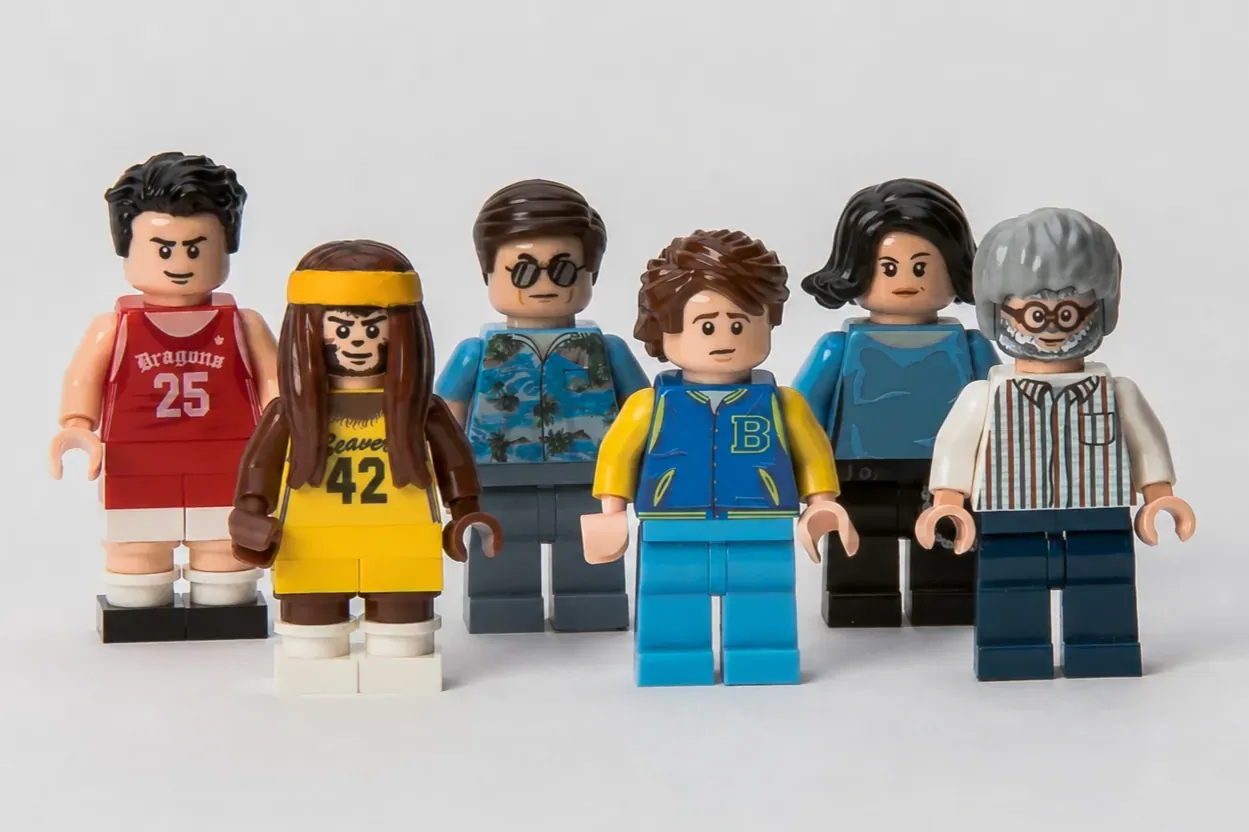 Six LEGO minifigures from Teen Wolf lined up against a white background, including characters in sports jerseys and casual…