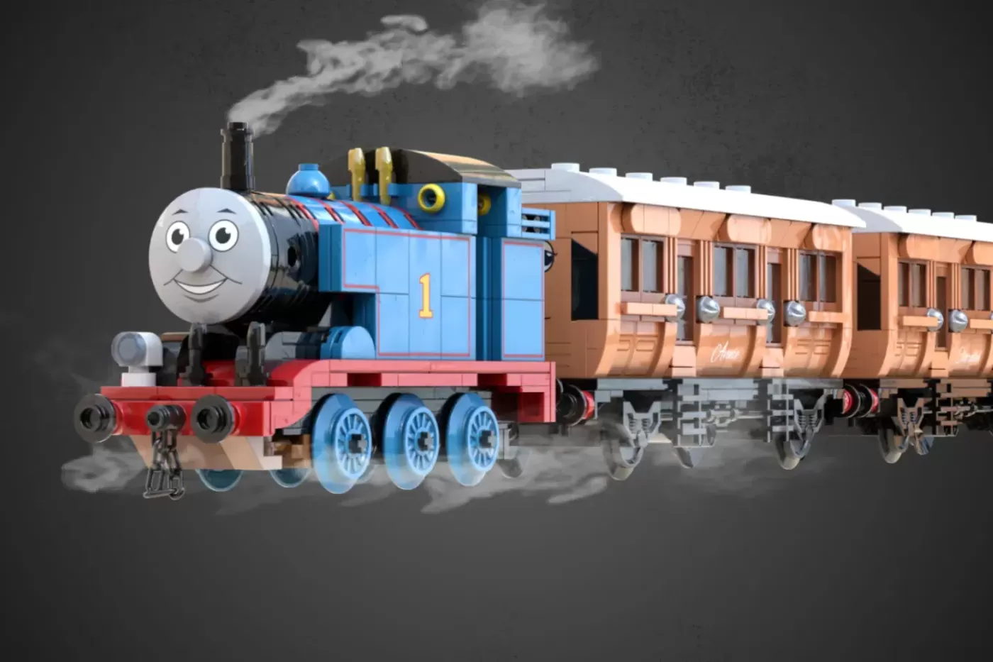 LEGO Thomas the Tank Engine set with blue locomotive numbered 1, smiling face, red base, blue wheels, and brown passenger …