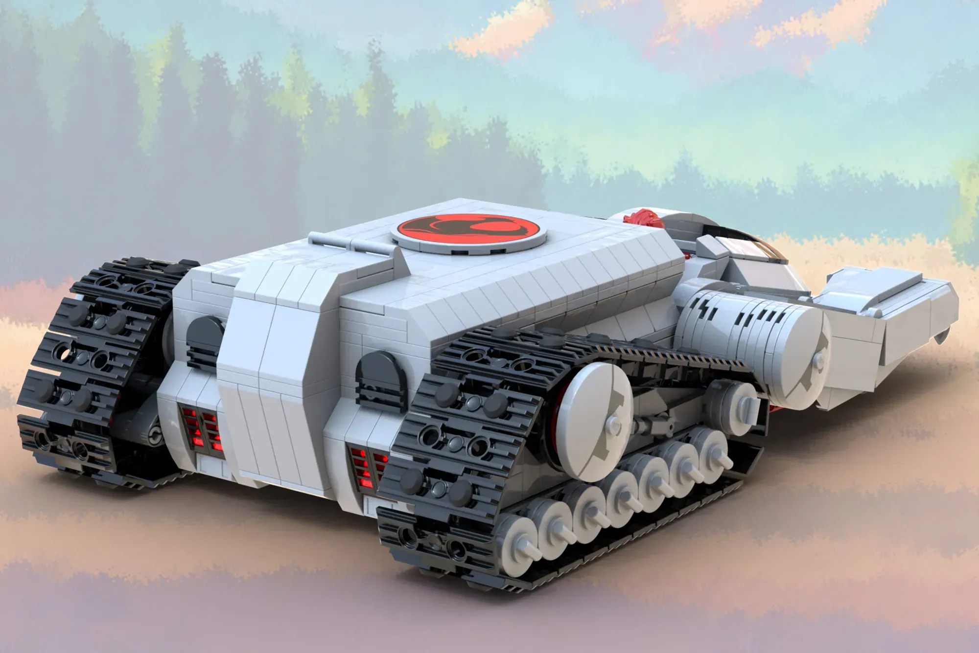 LEGO Thundertank with white and black armor plating, red cockpit window, tracked treads, and cylindrical side cannons in f…